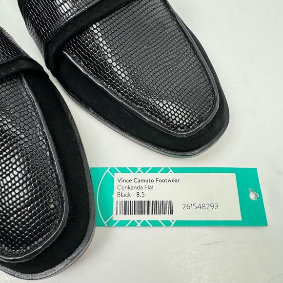 NEW Vince Camuto Cenkanda Black Leather & Suede Gold Buckle Slip On Loafer Flat - Picture 10 of 12